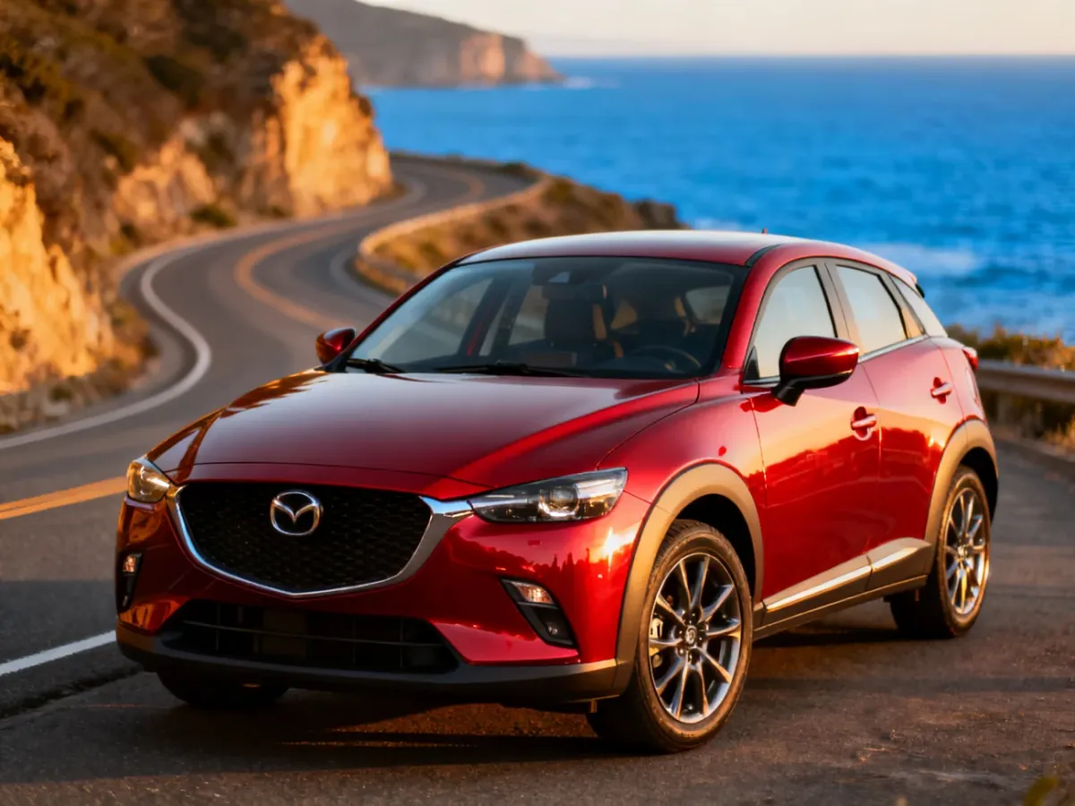Czerwona Mazda CX-3 zaparkowana na malowniczej nadmorskiej drodze podczas zachodu słońca.