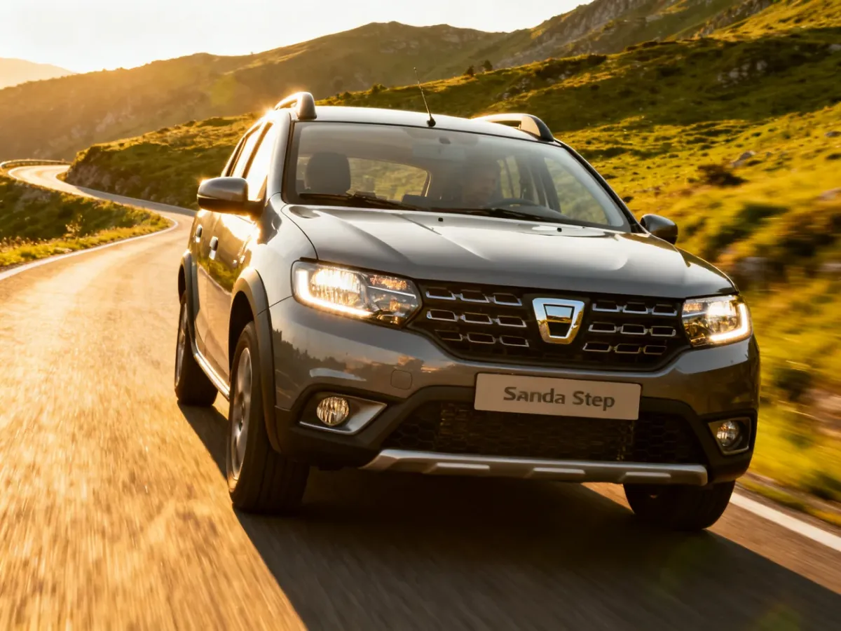 Nowoczesna Dacia Sandero Stepway jadąca górską drogą w świetle zachodzącego słońca.