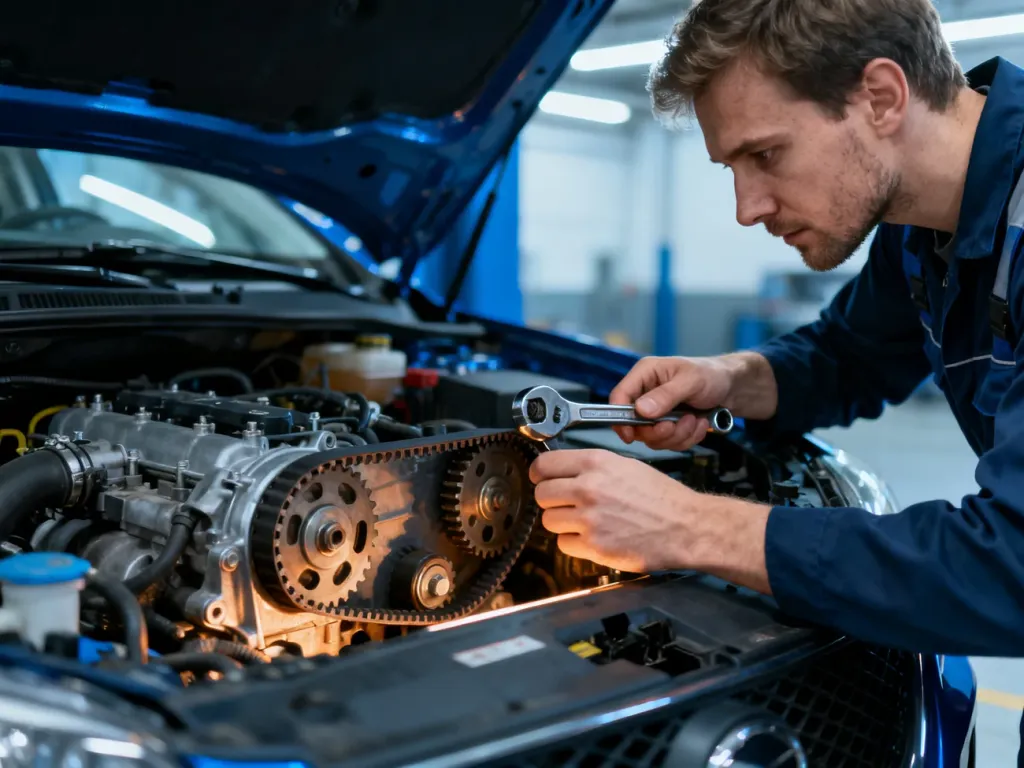 Mechanik w profesjonalnym warsztacie sprawdza układ rozrządu w silniku samochodu Ford.