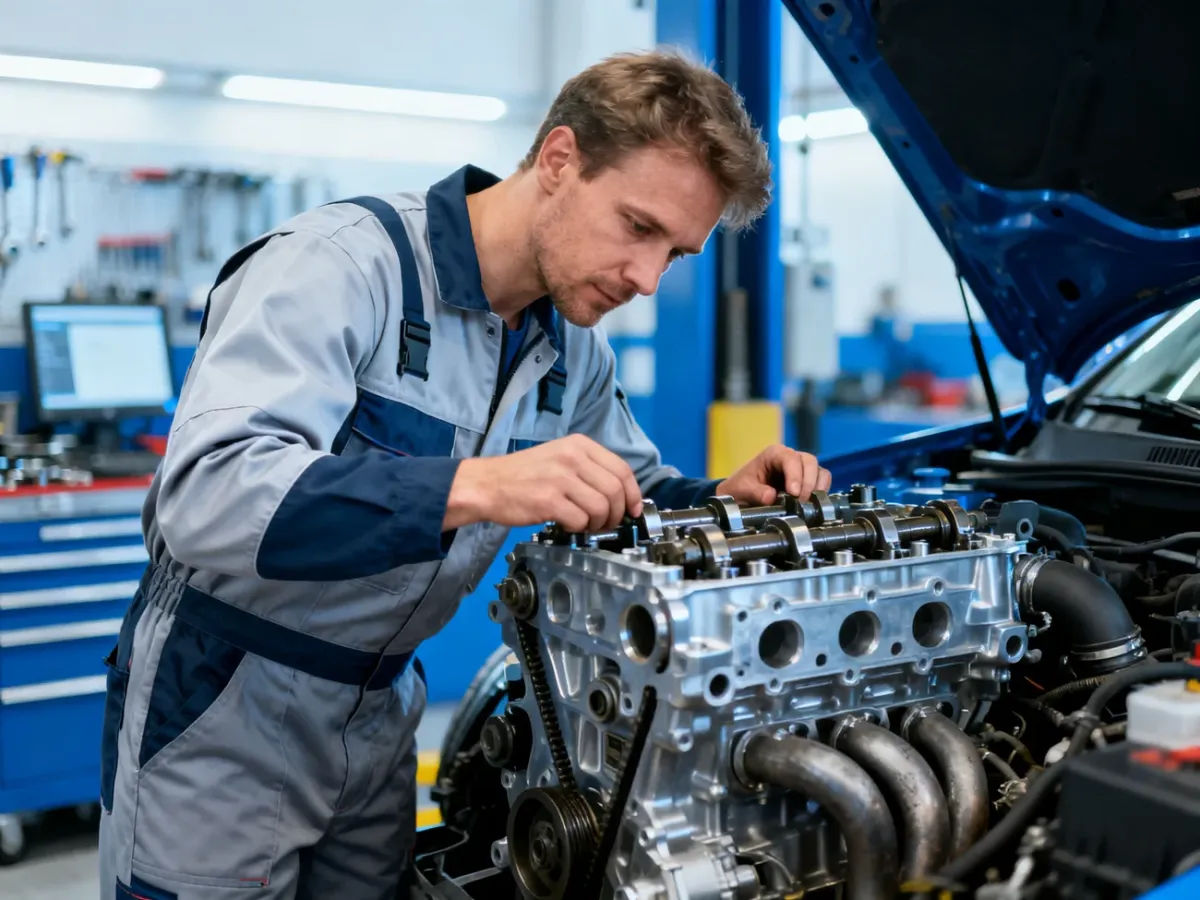 Mechanik w profesjonalnym warsztacie dokonuje przeglądu silnika samochodowego, sprawdzając stan jednostki napędowej.