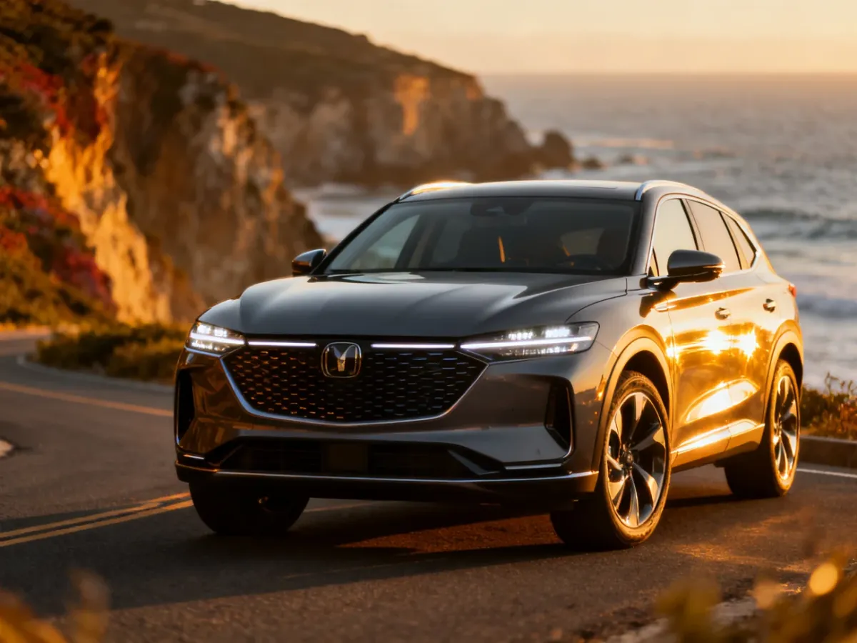 Nowoczesny hybrydowy SUV MG ZS Hybrid+ zaparkowany na malowniczym wybrzeżu podczas złotej godziny.