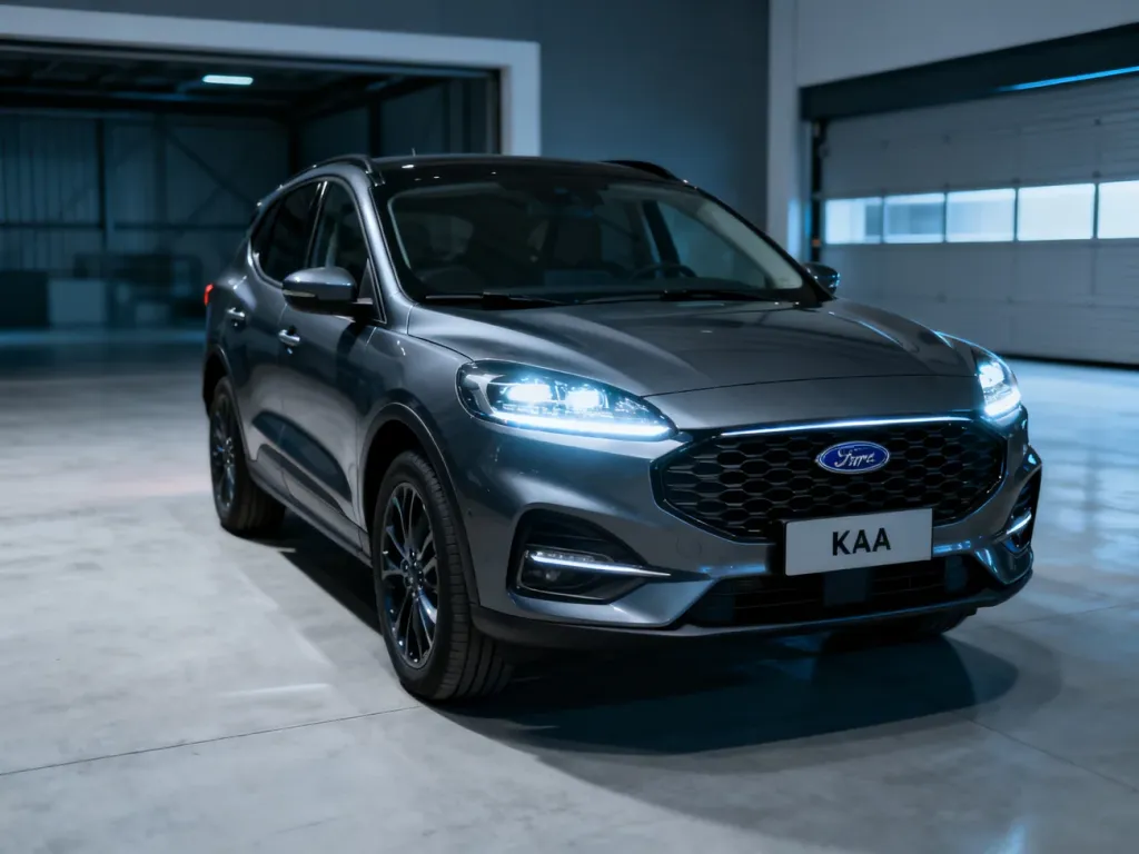 Nowoczesny Ford Kuga zaparkowany w minimalistycznym garażu, z wyeksponowanym przednim grillem i reflektorami LED.