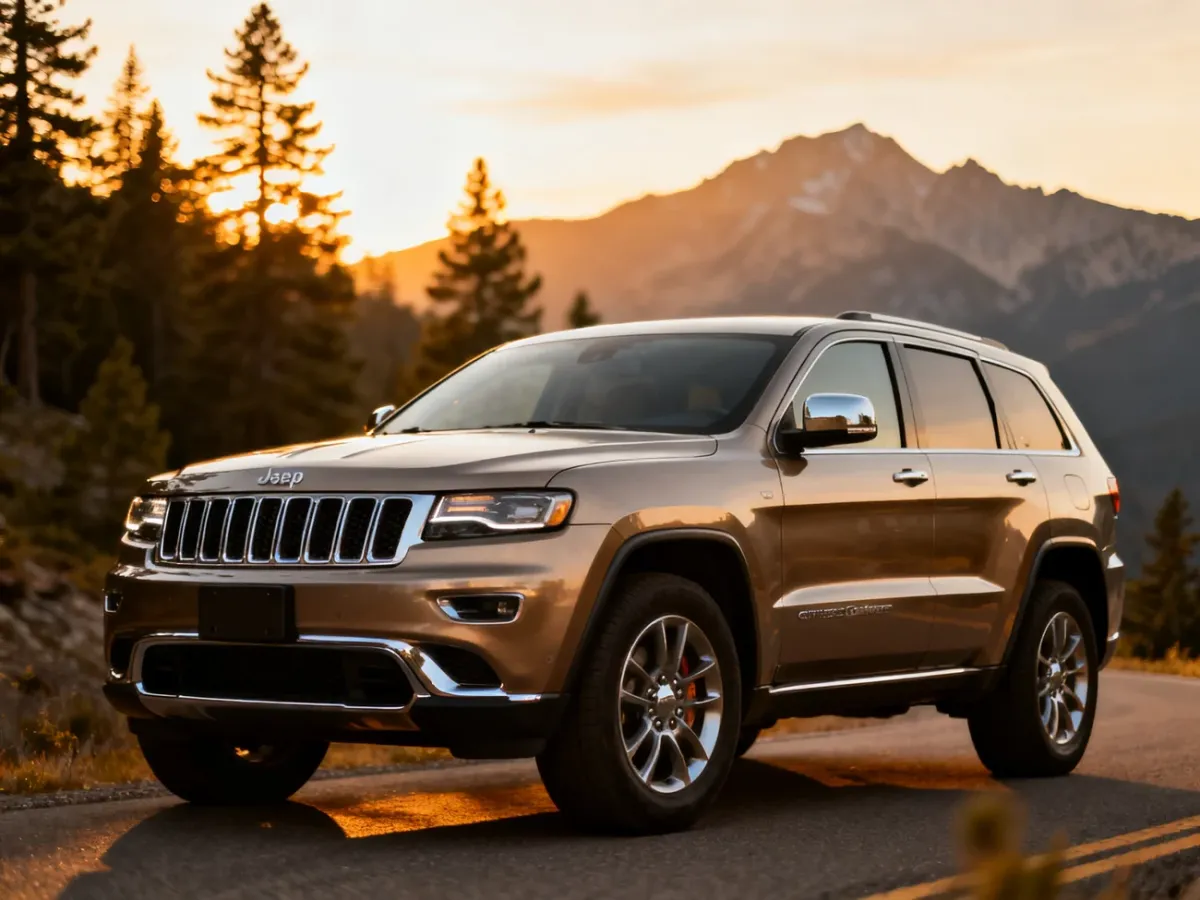 Nowoczesny Jeep Grand Cherokee zaparkowany na malowniczej górskiej drodze w świetle zachodzącego słońca.