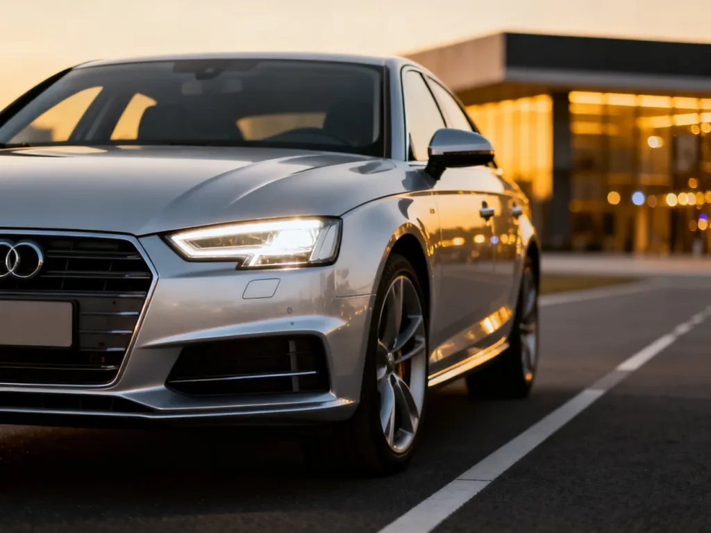 Srebrne Audi A4 B8 zaparkowane na nowoczesnej ulicy podczas złotej godziny, eksponujące detale przedniego pasa auta.