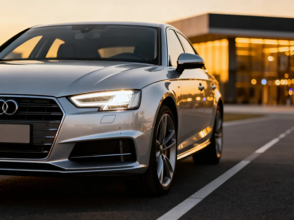 Srebrne Audi A4 B8 zaparkowane na nowoczesnej ulicy podczas złotej godziny, eksponujące detale przedniego pasa auta.