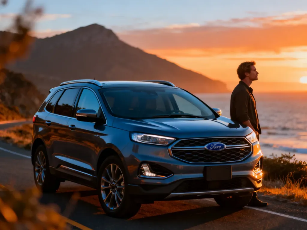 Ford Edge zaparkowany na malowniczej nadmorskiej drodze podczas zachodu słońca, obok którego stoi mężczyzna.