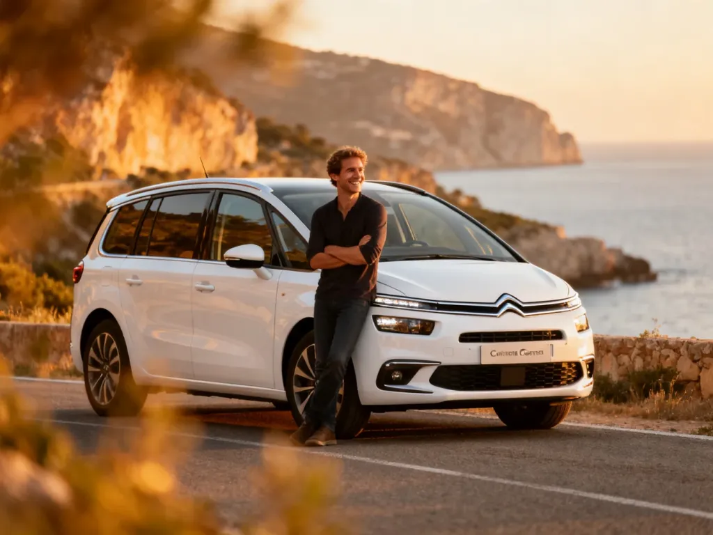 Uśmiechnięty mężczyzna oparty o białego Citroëna C4 Grand Picasso na tle malowniczego wybrzeża w świetle zachodzącego słońca.