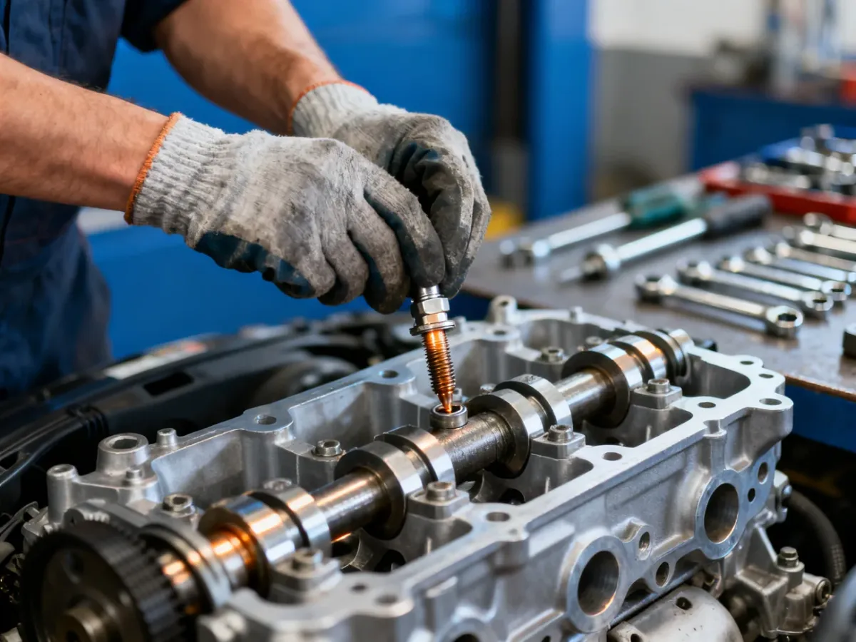 Mechanik w rękawicach roboczych precyzyjnie montuje świecę żarową w bloku silnika samochodu Ford Mondeo.
