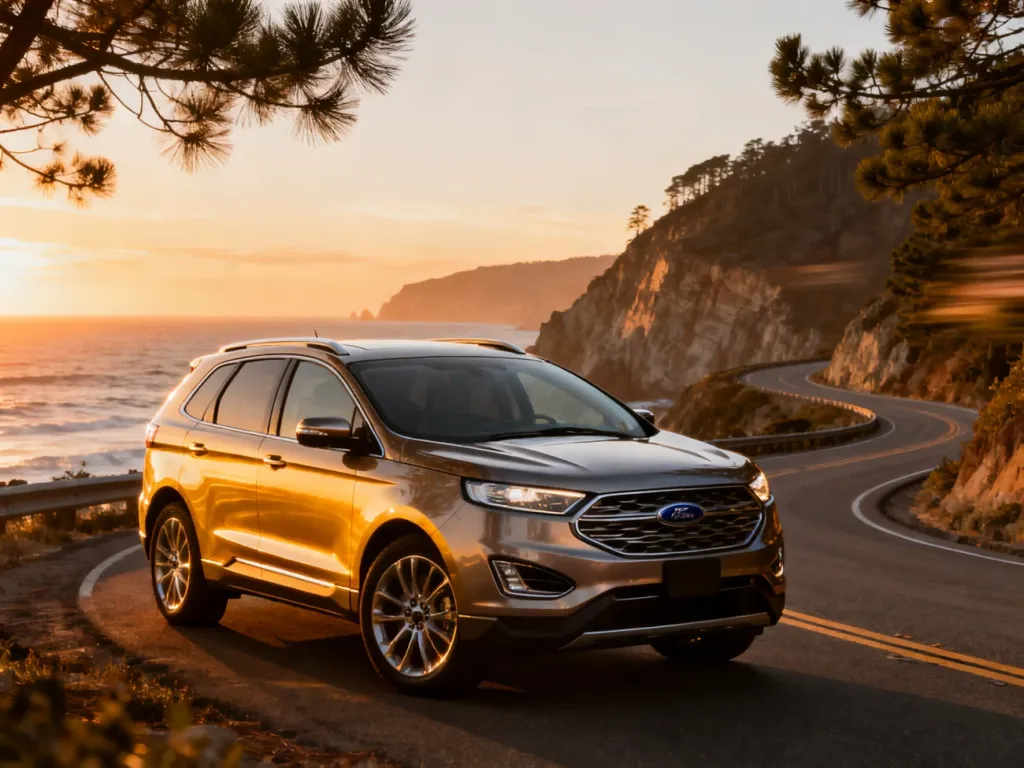 Nowoczesny Ford Edge zaparkowany na malowniczej nadmorskiej drodze podczas zachodu słońca.