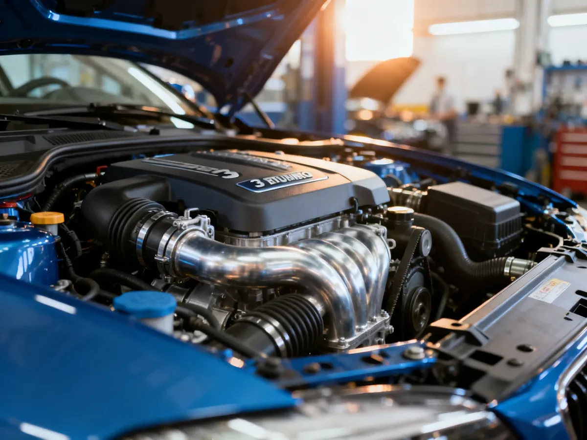 Zbliżenie na nowoczesny, trzycylindrowy silnik 1.0 EcoBoost z widocznymi detalami konstrukcyjnymi pod maską samochodu.
