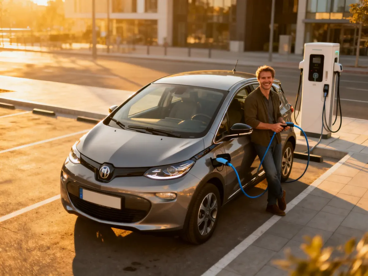 Uśmiechnięty mężczyzna opiera się o używany samochód elektryczny na tle miejskiej infrastruktury do ładowania.
