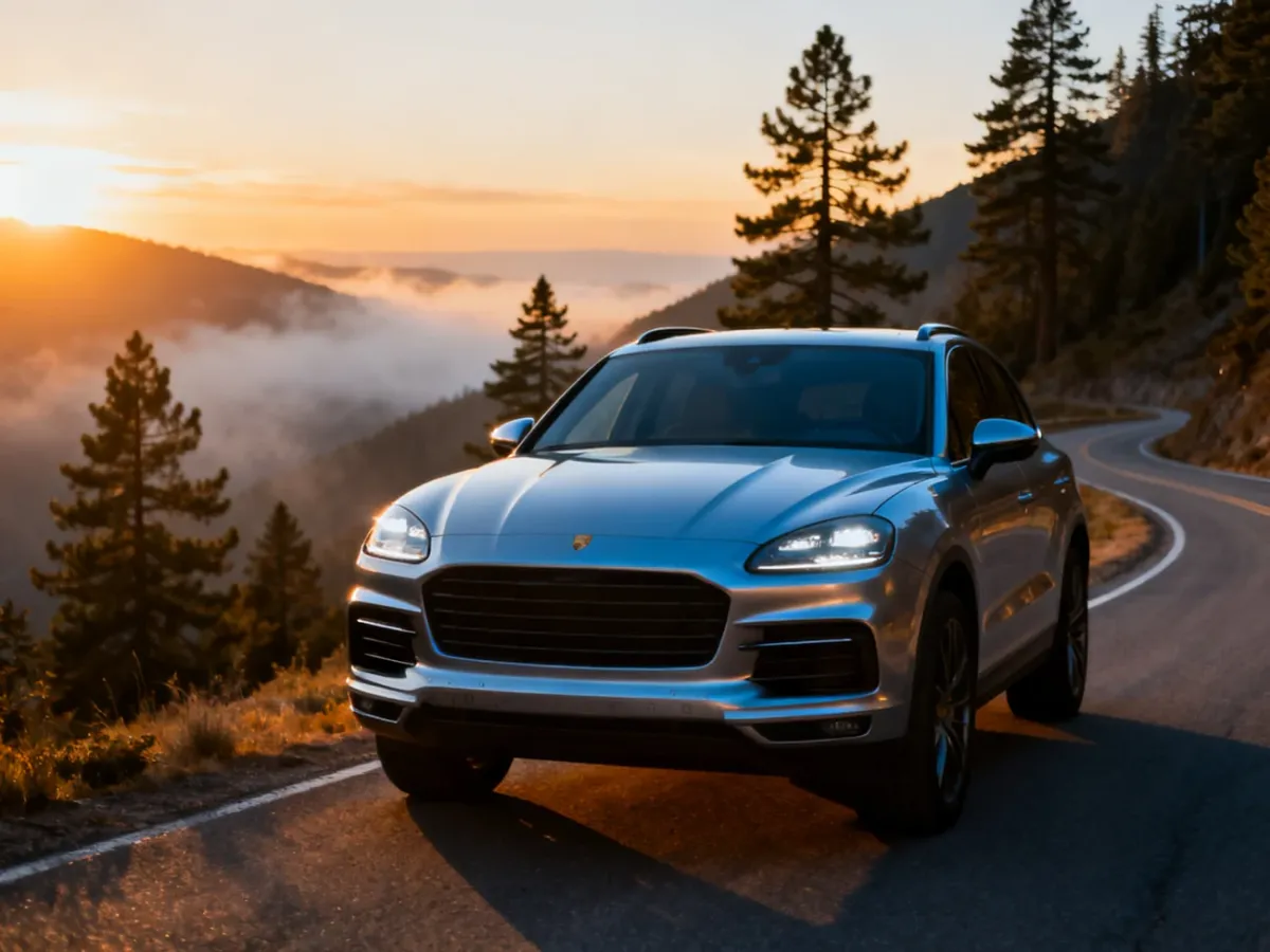 Srebrny Ford Kuga zaparkowany na malowniczej górskiej drodze podczas zachodu słońca.