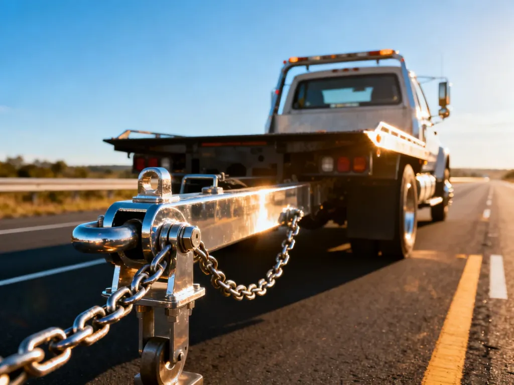 Profesjonalny hak holowniczy i łańcuchy lawety na tle nowoczesnej autostrady w słoneczny dzień.