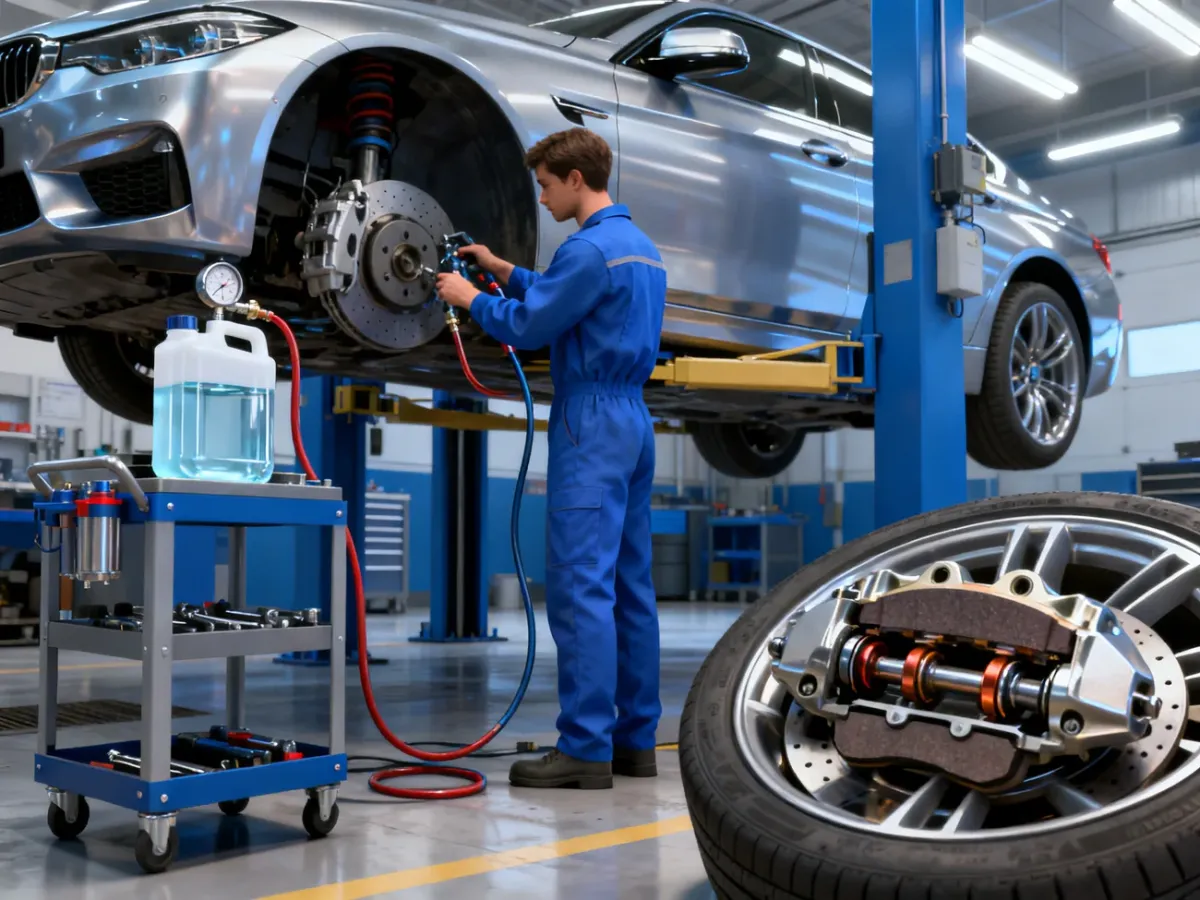 Mechanik wykonujący wymianę i odpowietrzanie płynu hamulcowego