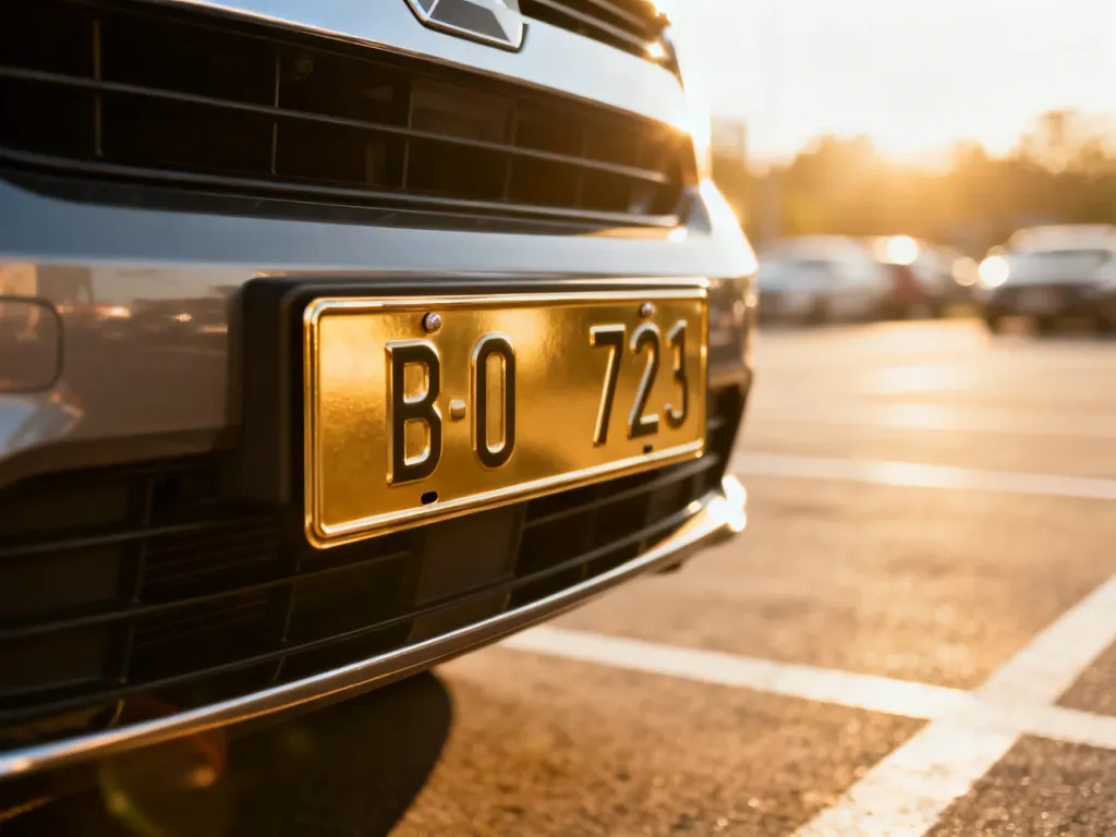 Zbliżenie na tablicę rejestracyjną nowoczesnego samochodu zaparkowanego na parkingu w słoneczny dzień.