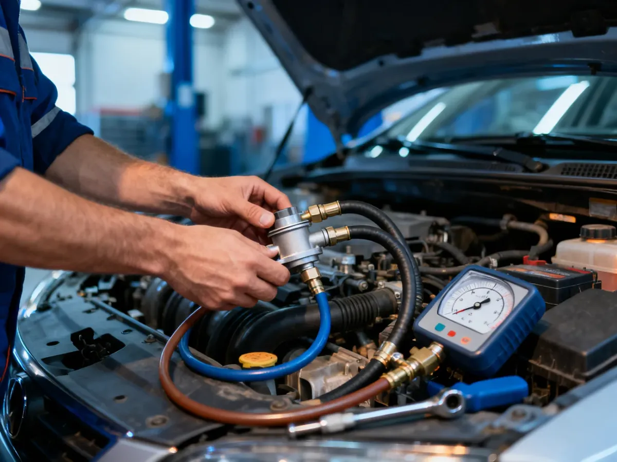 Mechanik sprawdza zawór odmy i przewody silnika przy użyciu narzędzi diagnostycznych w profesjonalnym warsztacie.