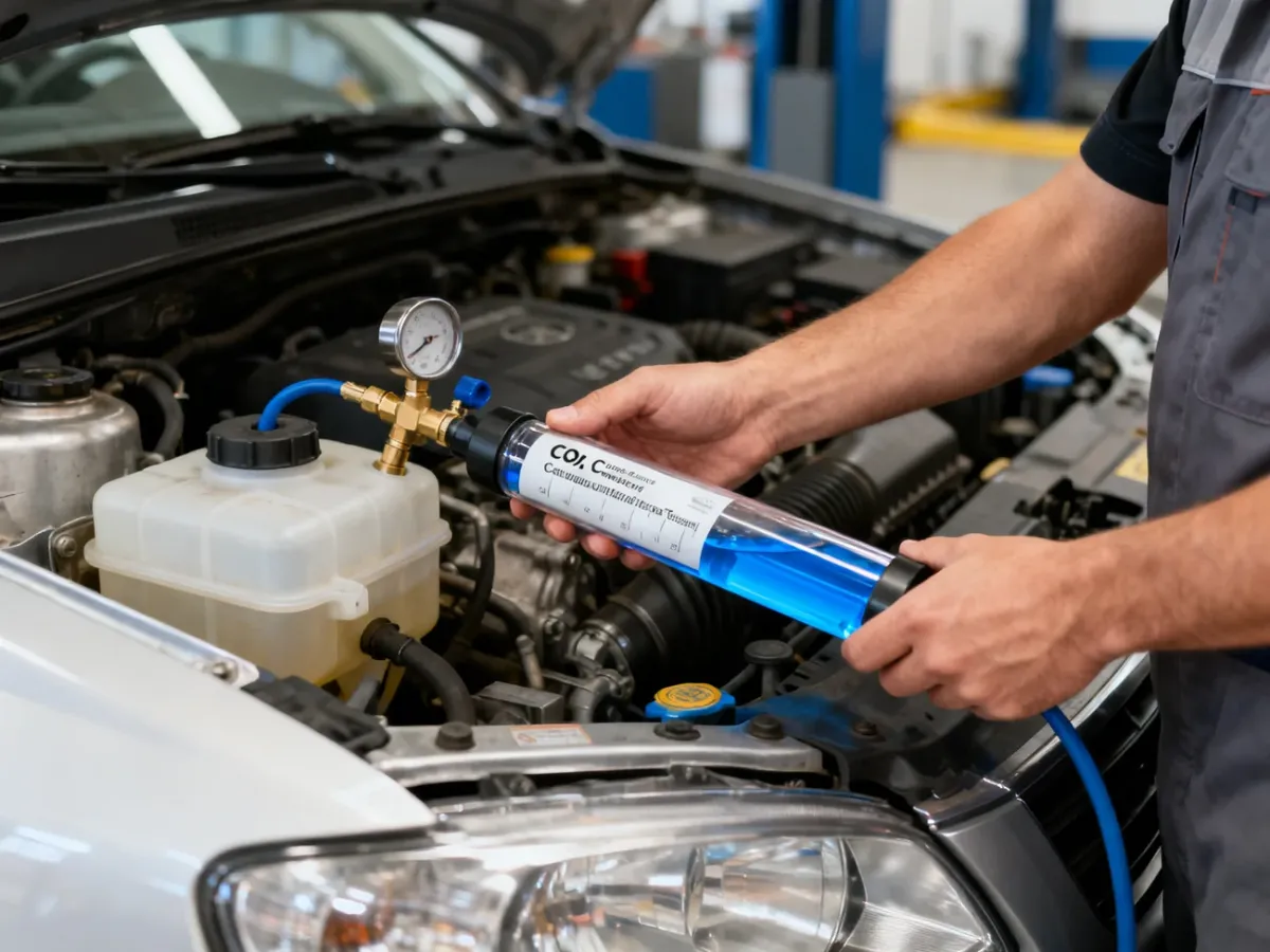 Mechanik montujący tester CO2 na zbiorniczku płynu chłodniczego