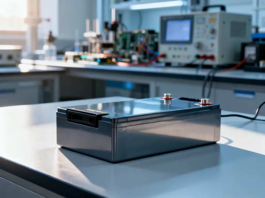 Nowoczesny akumulator litowo-jonowy na stole warsztatowym w profesjonalnym laboratorium elektronicznym.