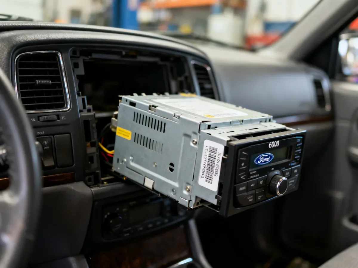 Radio Ford 6000CD wyjęte z deski rozdzielczej z widoczną etykietą obudowy