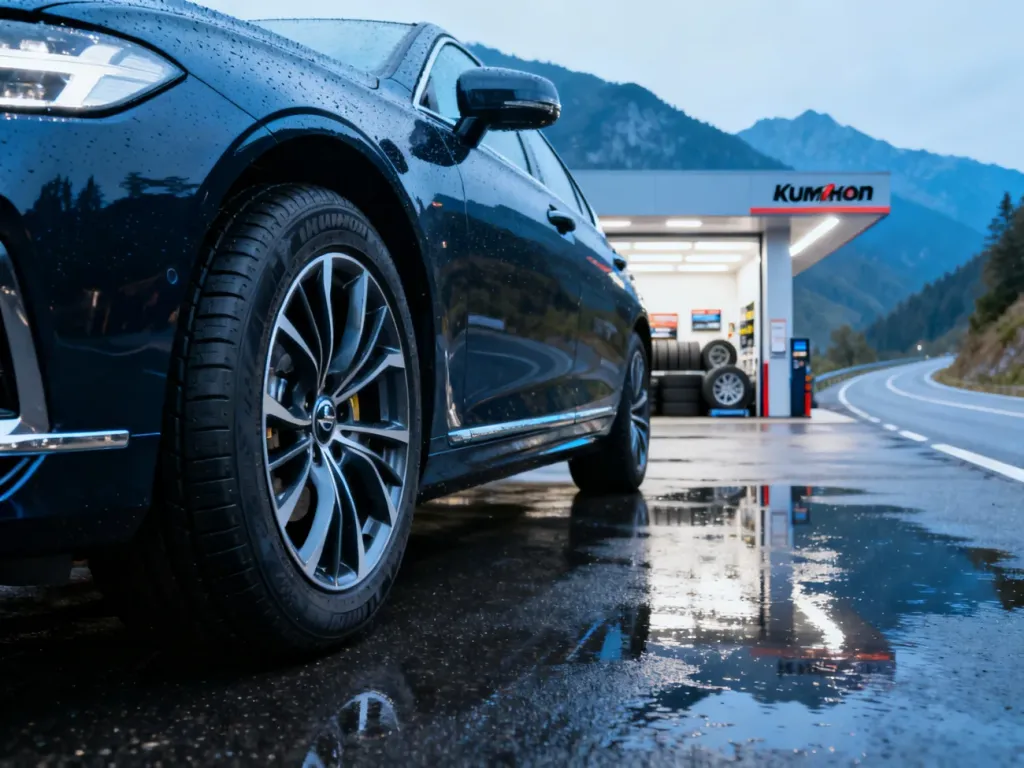 Czarny sedan z oponami Kumho na mokrym asfalcie na tle nowoczesnego serwisu i górskiej drogi.
