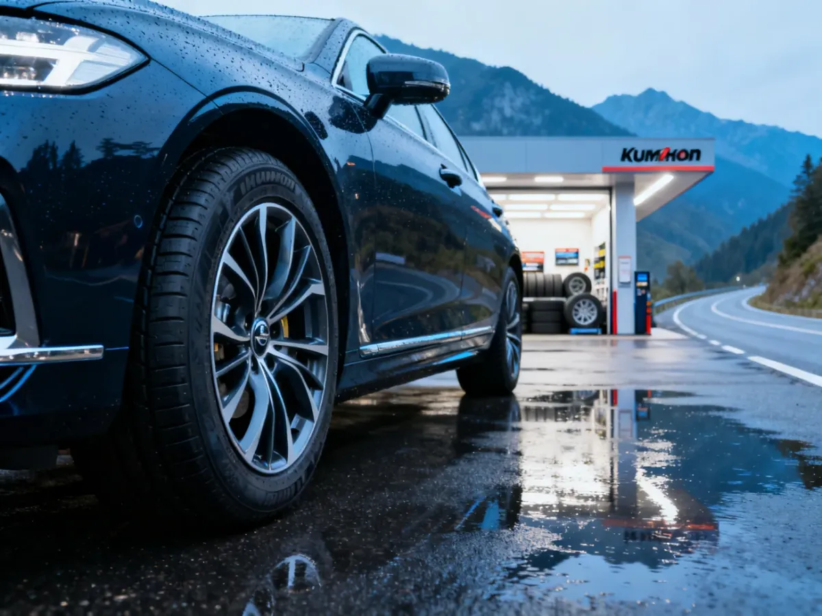 Czarny sedan z oponami Kumho na mokrym asfalcie na tle nowoczesnego serwisu i górskiej drogi.