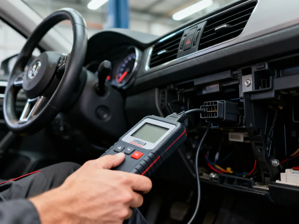 Mechanik podłączający skaner OBD-II do gniazda diagnostycznego samochodu