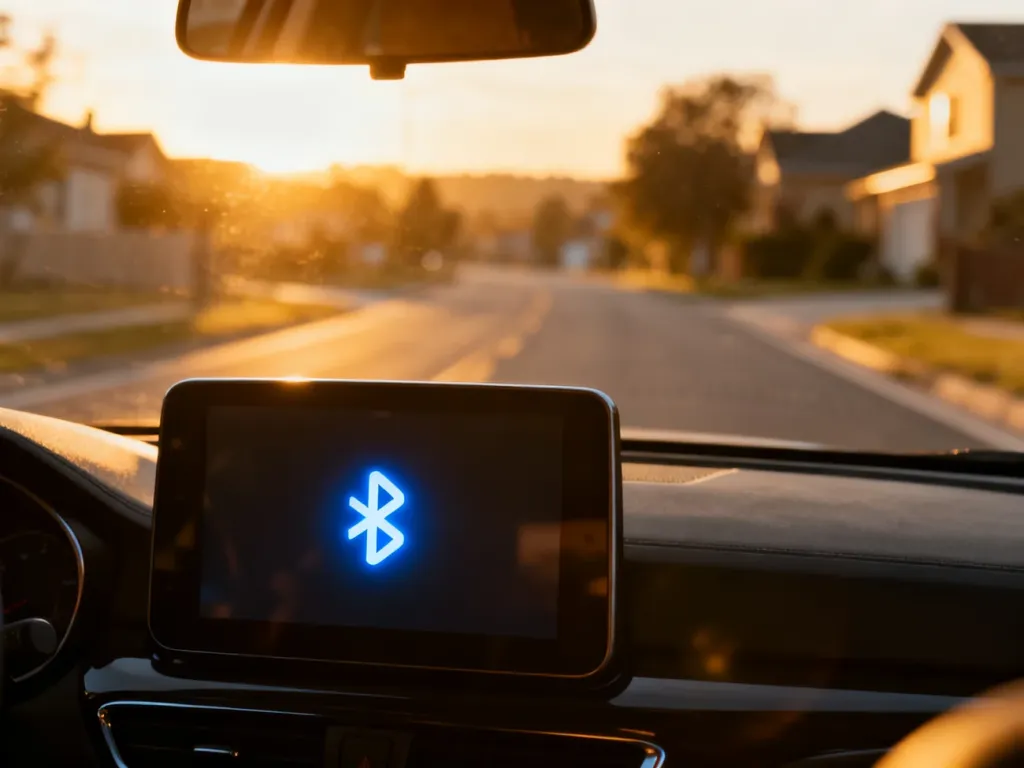 Ekran multimedialny w samochodzie z widoczną ikoną parowania Bluetooth podczas zachodu słońca.