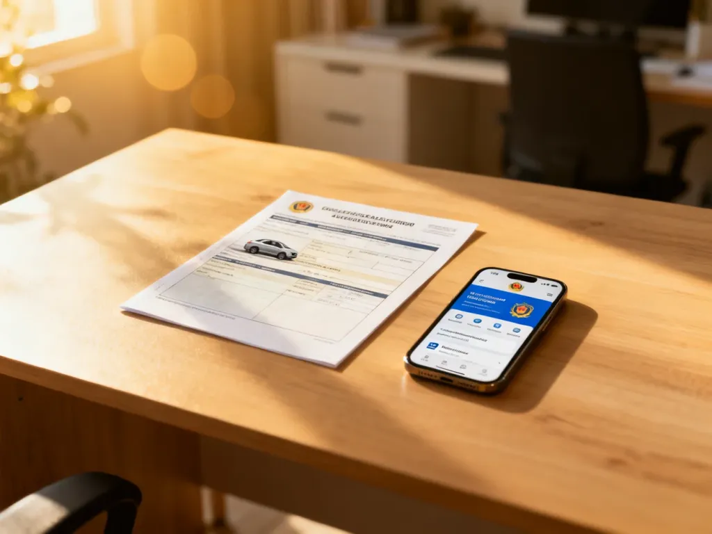 Dokument rejestracyjny samochodu i smartfon z portalem rządowym na biurku, symbolizujące możliwość załatwienia formalności online.