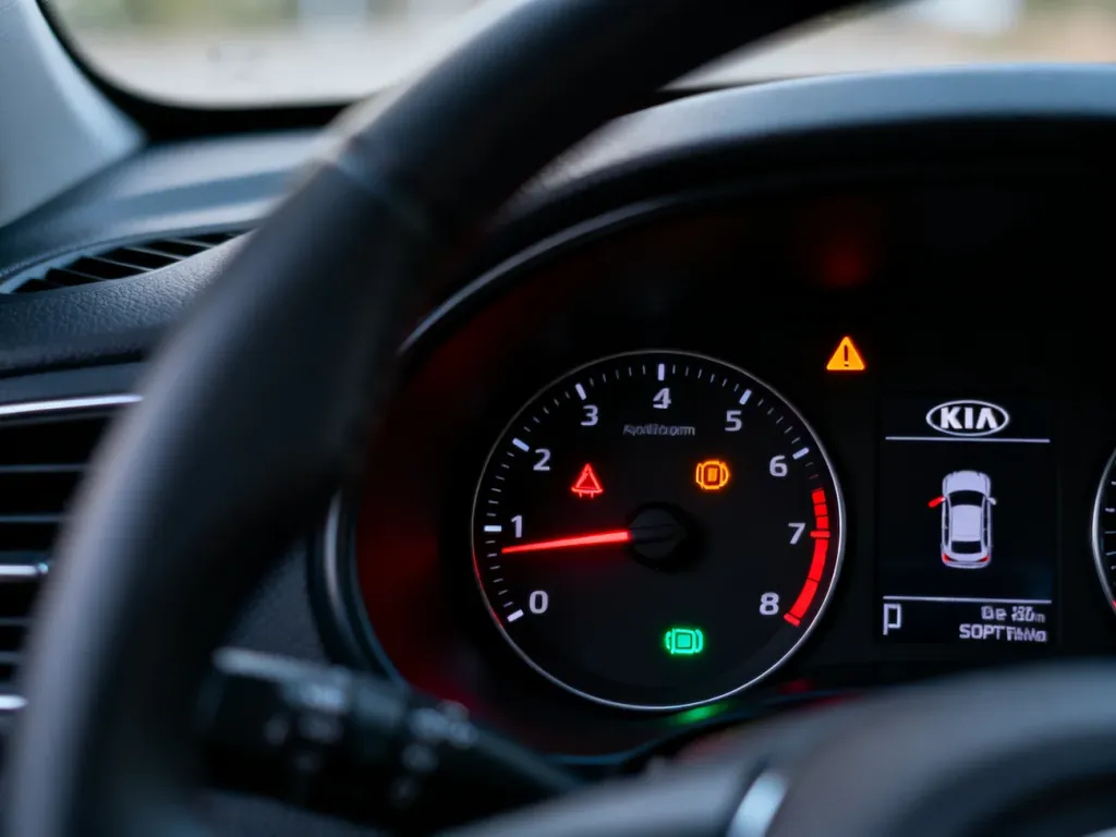 Podświetlone kontrolki na desce rozdzielczej samochodu Kia Sportage, prezentujące różne symbole ostrzegawcze i informacyjne.