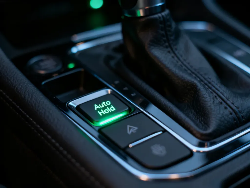 Podświetlony na zielono przycisk systemu Auto Hold na konsoli środkowej nowoczesnego samochodu.