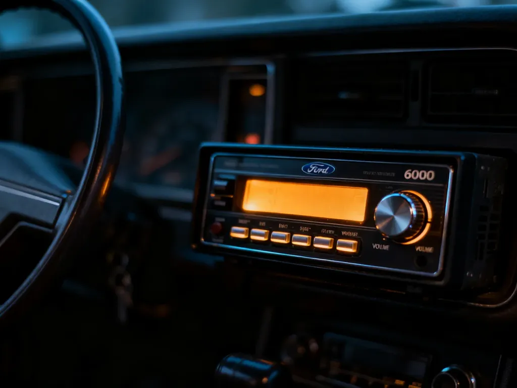Radio samochodowe Ford 6000CD zamontowane w desce rozdzielczej z podświetlanym wyświetlaczem.