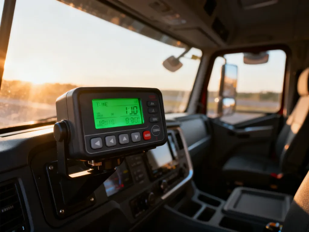 Zbliżenie na cyfrowy tachograf z podświetlanym ekranem ustawień czasu, zamontowany w desce rozdzielczej nowoczesnej ciężarówki.