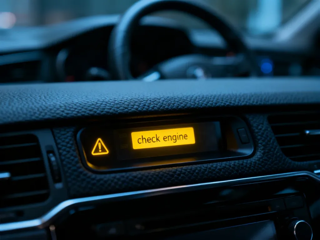 Świecąca żółta kontrolka „check engine” na desce rozdzielczej nowoczesnego samochodu.