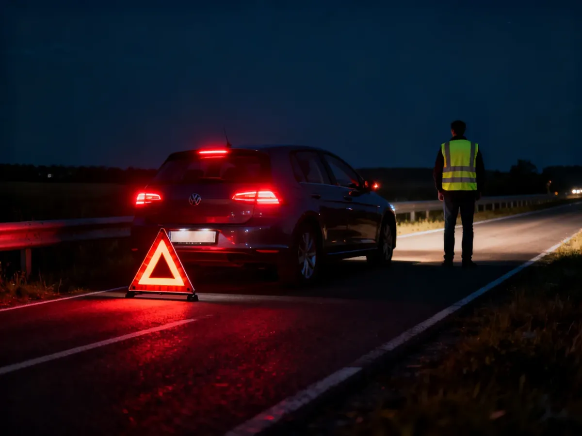 Unieruchomiony samochód z włączonymi światłami awaryjnymi i trójkątem ostrzegawczym
