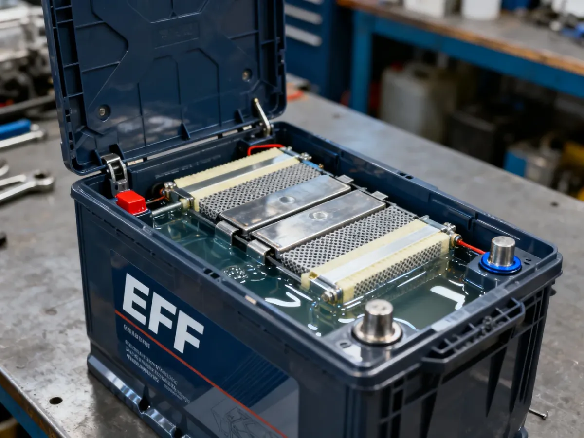 Przekrój akumulatora EFB z widocznymi wzmocnionymi płytami i ciekłym elektrolitem