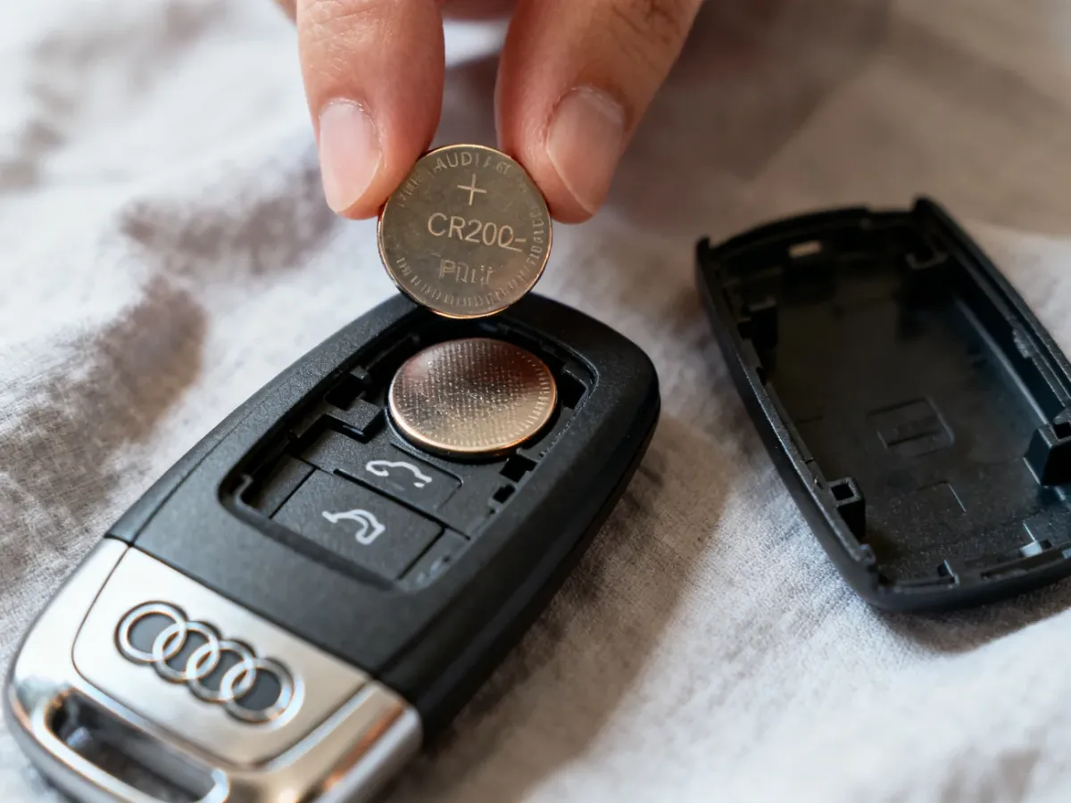 Wkładanie baterii CR2032 do otwartego kluczyka Audi