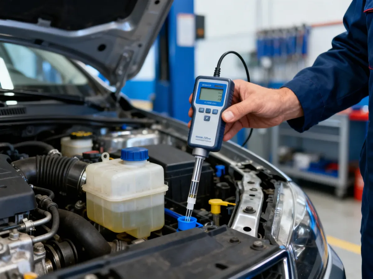 Mechanik mierzący zawartość wody w płynie hamulcowym testerem elektronicznym