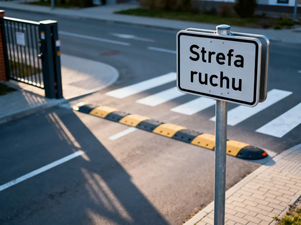 Znak drogowy „Strefa ruchu” przy wjeździe na osiedlową ulicę z widocznymi w tle progami zwalniającymi.