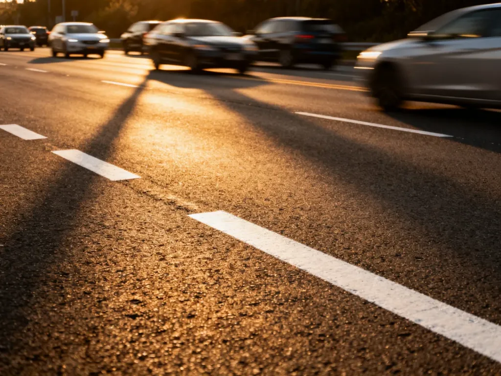 Nowoczesna autostrada o zachodzie słońca z rozmytymi w ruchu samochodami, podkreślająca dynamikę szybkiej jazdy.