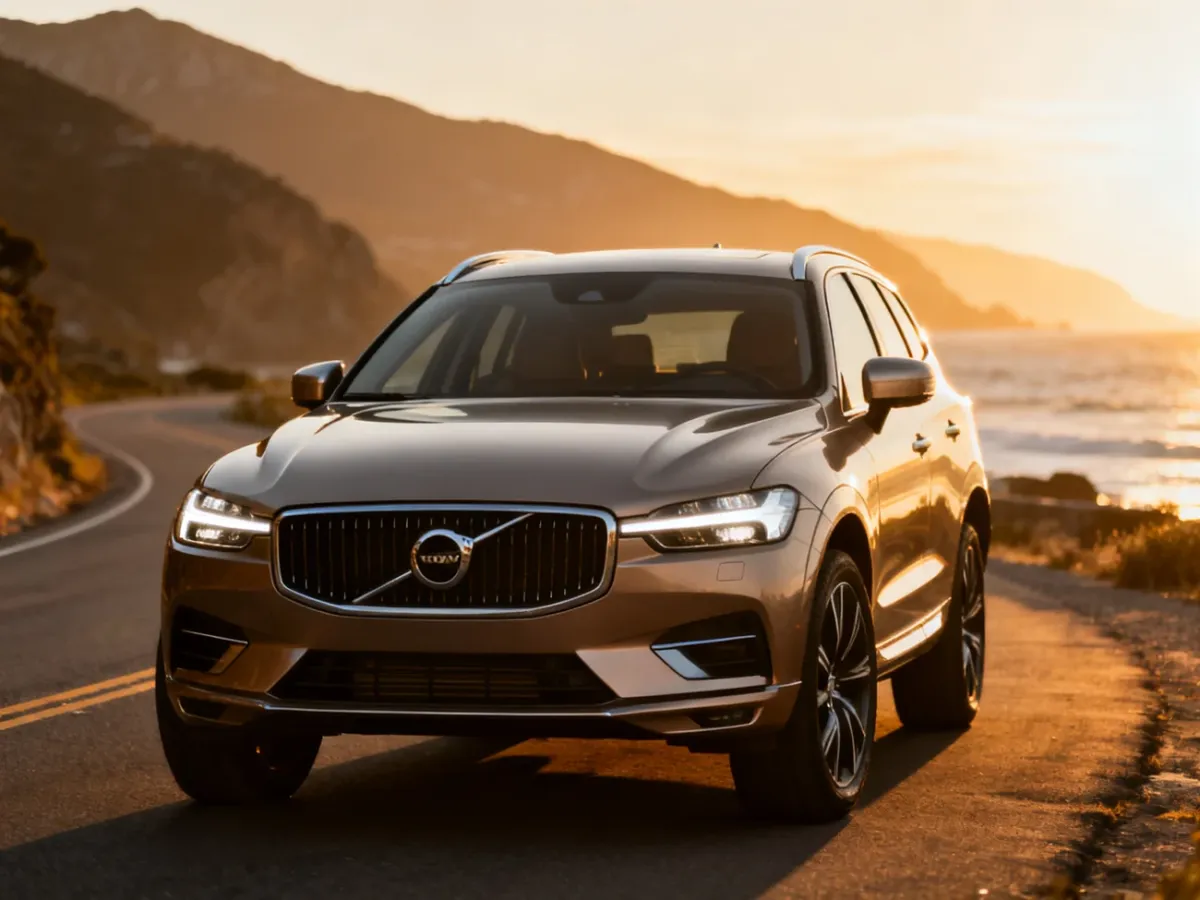 Volvo XC60 zaparkowane na malowniczej nadmorskiej drodze podczas złotej godziny.