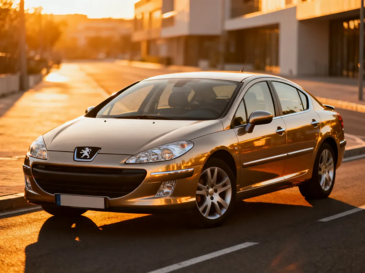 Srebrny sedan Peugeot 407 zaparkowany na miejskiej ulicy w świetle zachodzącego słońca.