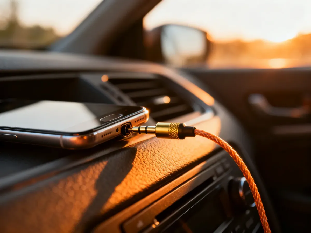 Smartfon podłączony kablem AUX do gniazda w konsoli środkowej samochodu Opel Astra H.