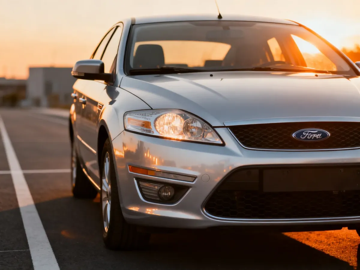 Srebrny Ford Mondeo MK3 zaparkowany na drodze w świetle zachodzącego słońca, eksponujący detale przedniego pasa auta.