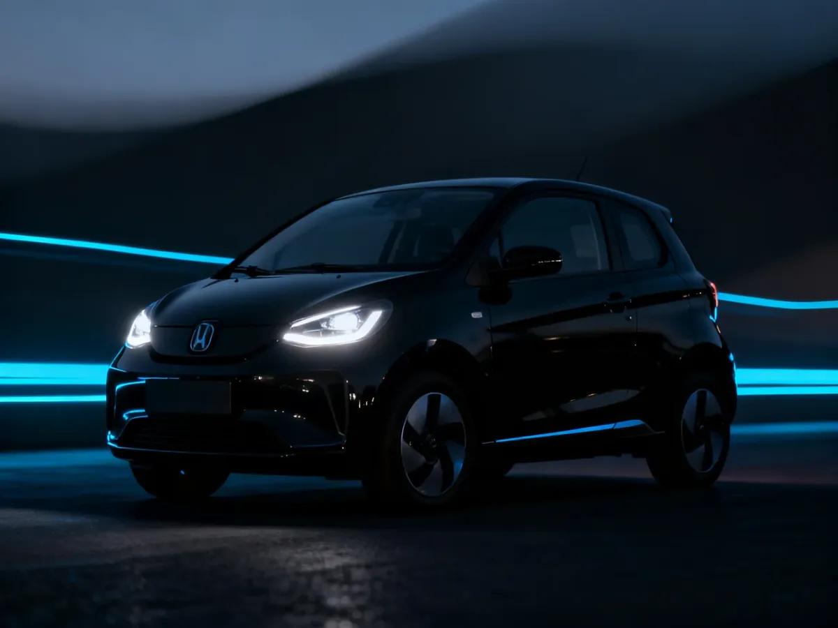 Nowoczesny, elektryczny samochód miejski marki Smart na czarnym, błyszczącym tle z futurystycznymi akcentami świetlnymi.