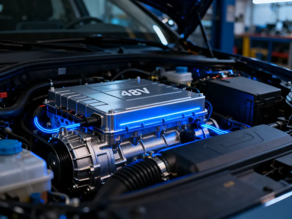 Komora silnika samochodu typu mild hybrid z widocznym akumulatorem 48V i podświetlonymi elementami układu elektrycznego.