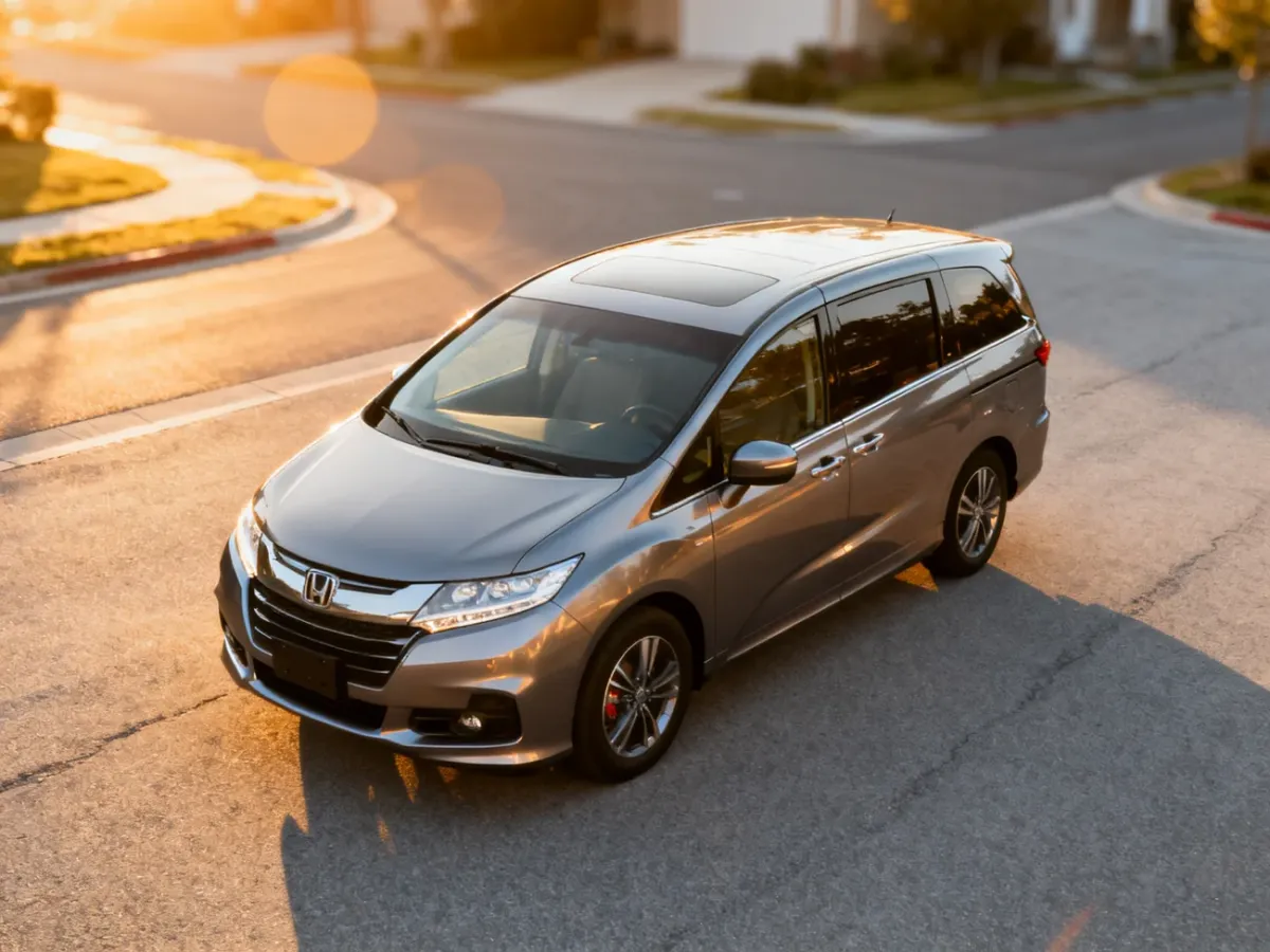Nowoczesny minivan Opel Meriva zaparkowany na asfalcie w świetle zachodzącego słońca.