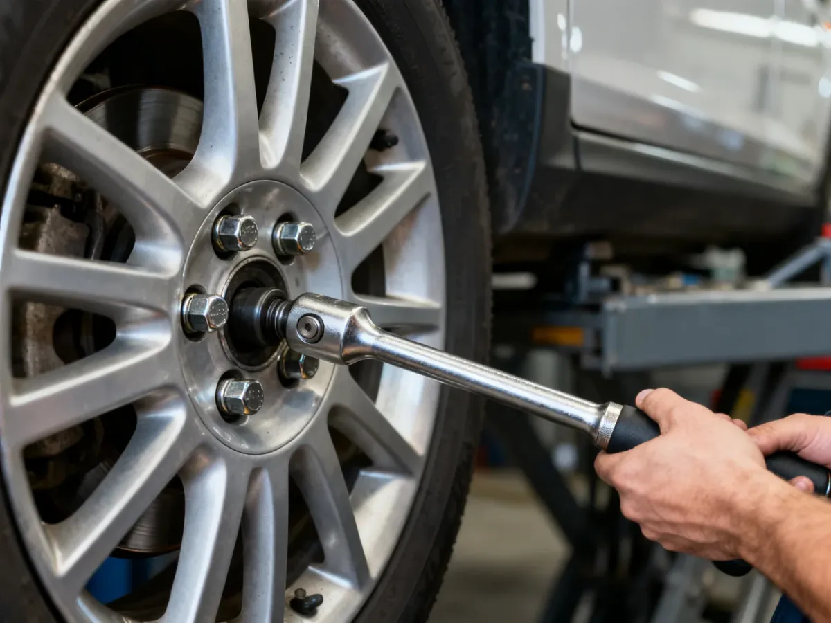 Mechanik dokręcający śruby koła kluczem dynamometrycznym