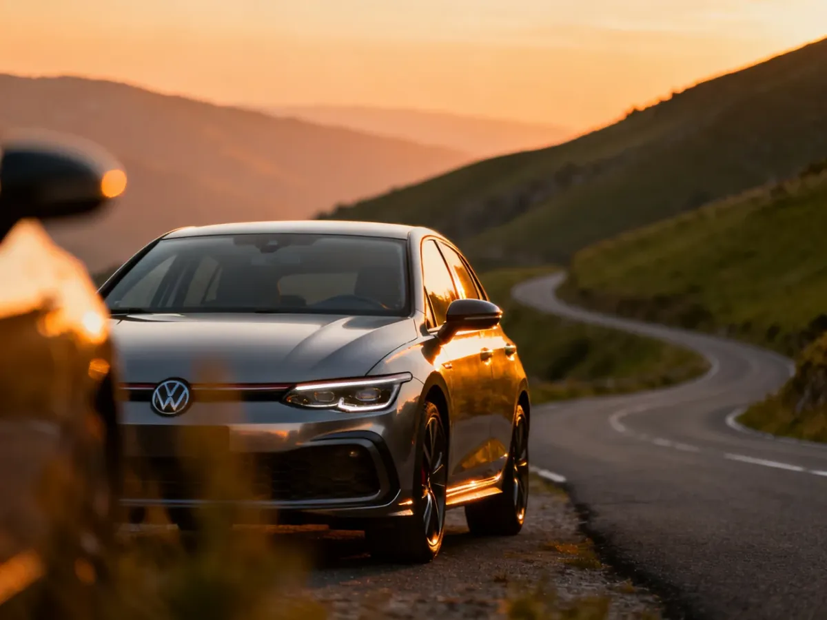 Nowoczesny Volkswagen Golf zaparkowany na malowniczej górskiej drodze w świetle zachodzącego słońca.