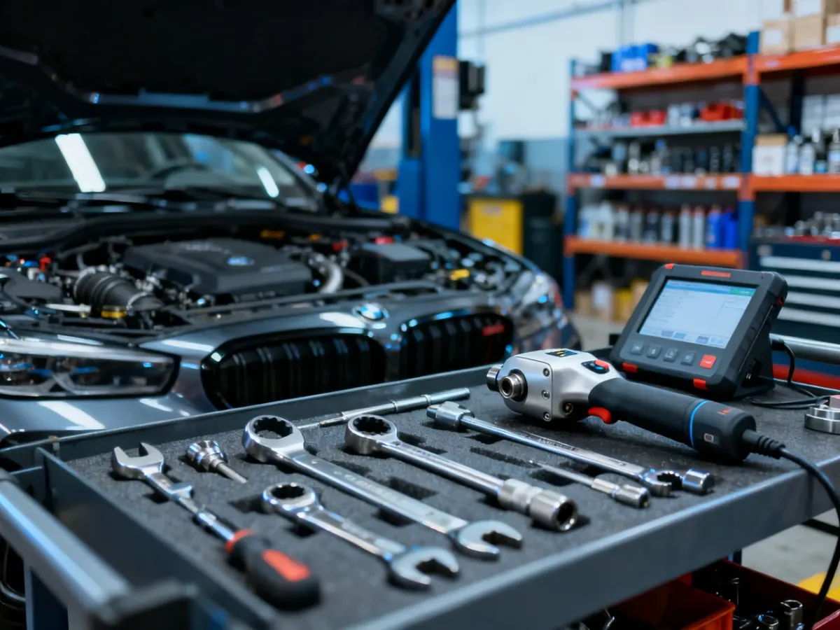 Profesjonalne stanowisko mechanika z nowoczesnymi narzędziami diagnostycznymi i silnikiem samochodu w tle.