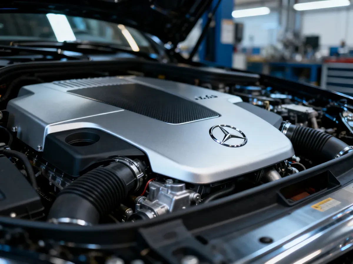Widok na czysty silnik benzynowy 1.6 z logo Mercedes-Benz pod maską modelu W204.